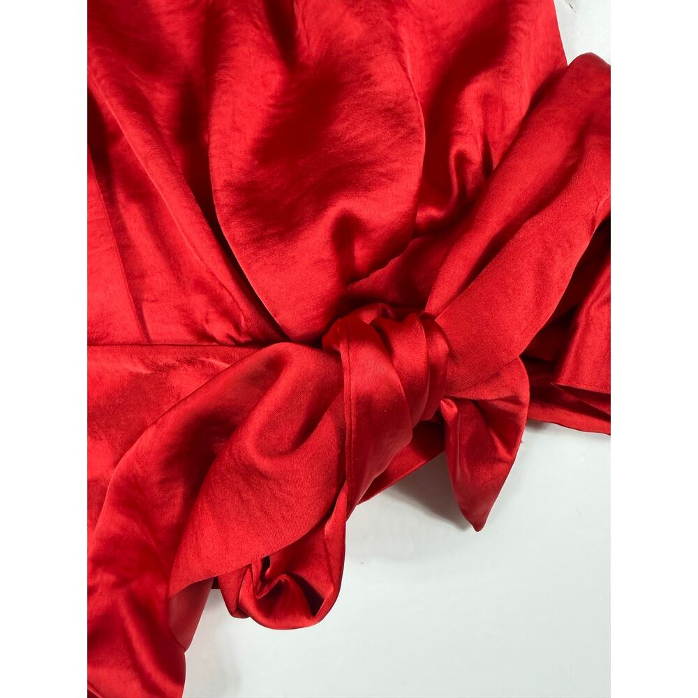 Express Portofino Red Satin Tie Front Button-Up Blouse Women’s Large Holiday - Picture 10 of 13